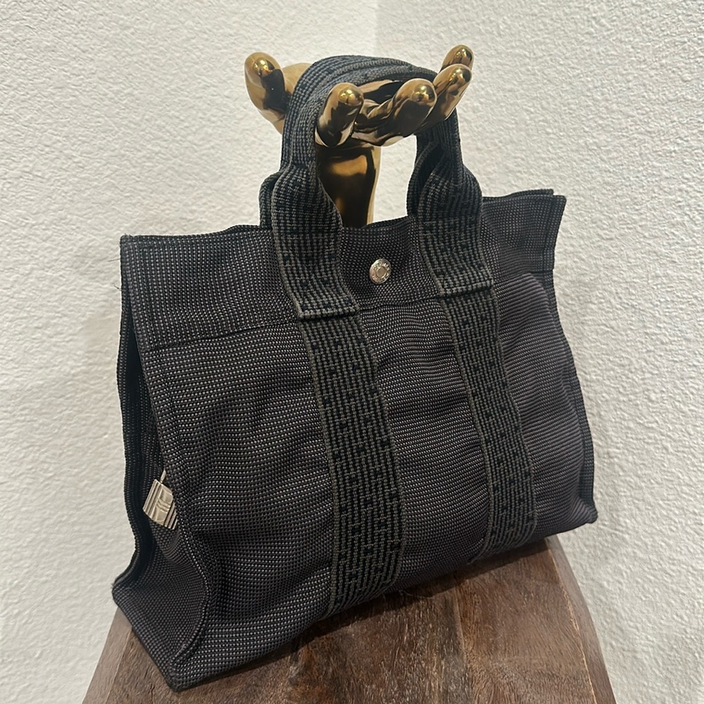 Hermes Handbag Tote PM Yell Line Canvas Gray  HERMES Authentic!!!
